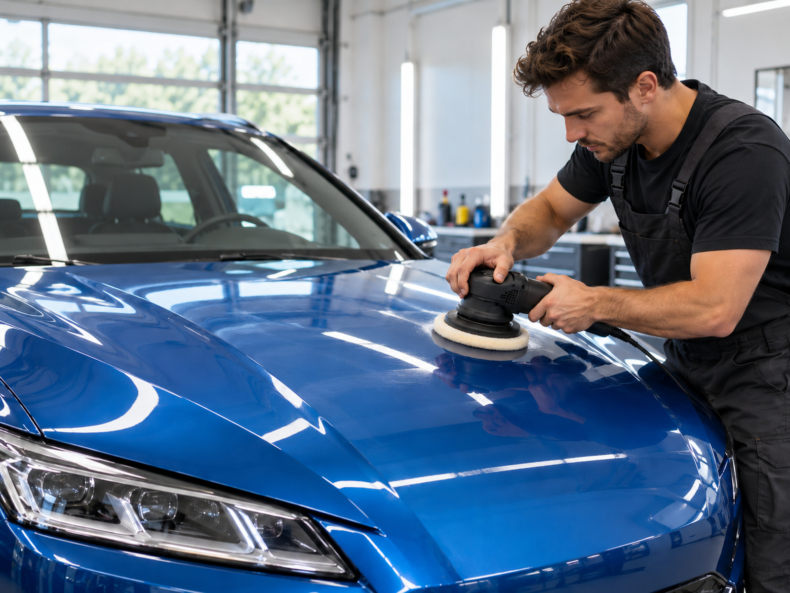 Polishing a blue car hood in a bright workshop
