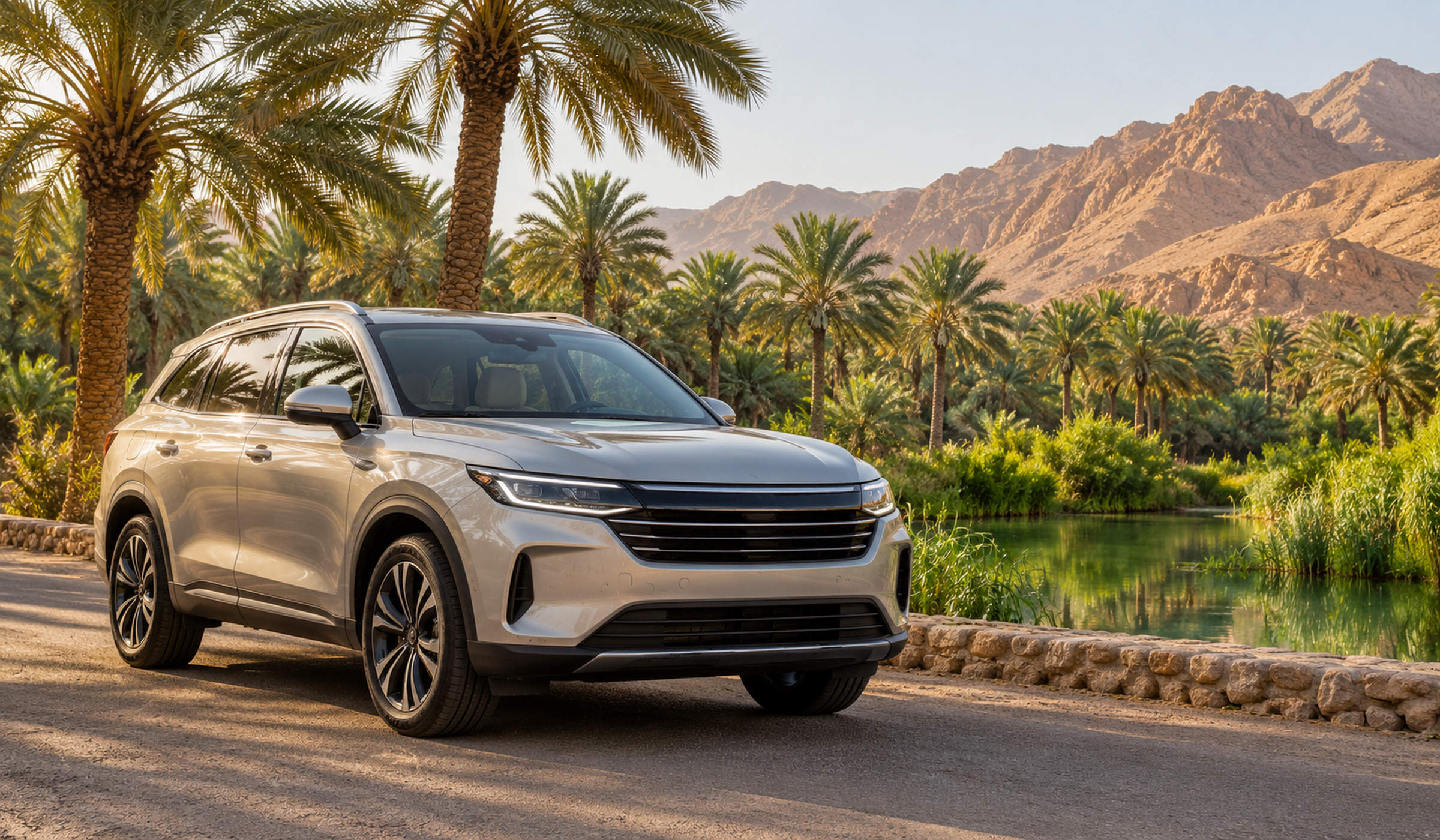Clean car near green palm oasis in Al Ain, warm light, wide, generic unbranded car, no logo, no plate