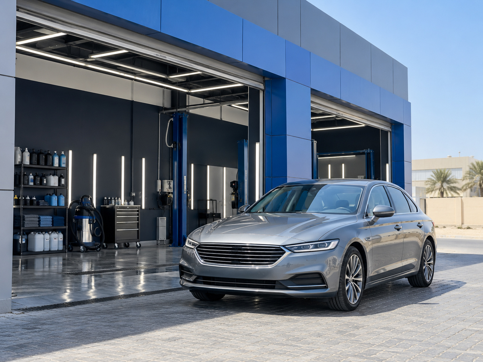 Modern detailing studio front in Al Ain industrial area, blue accent, no readable signs